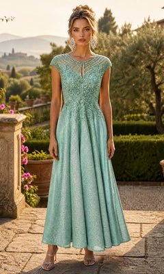 A woman stands outdoors in a garden wearing the Chicas J032 Long Prom Dress in sage—a floor-length formal dress featuring an embellished bodice, cap sleeves, and a keyhole neckline. She faces the camera with a neutral expression.