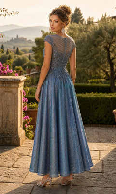 A woman in the Long Prom Dress: Chicas J032—a shimmering blue gown featuring an embellished bodice and cap sleeves—stands outdoors on a stone patio, facing away, surrounded by greenery and distant hills.
