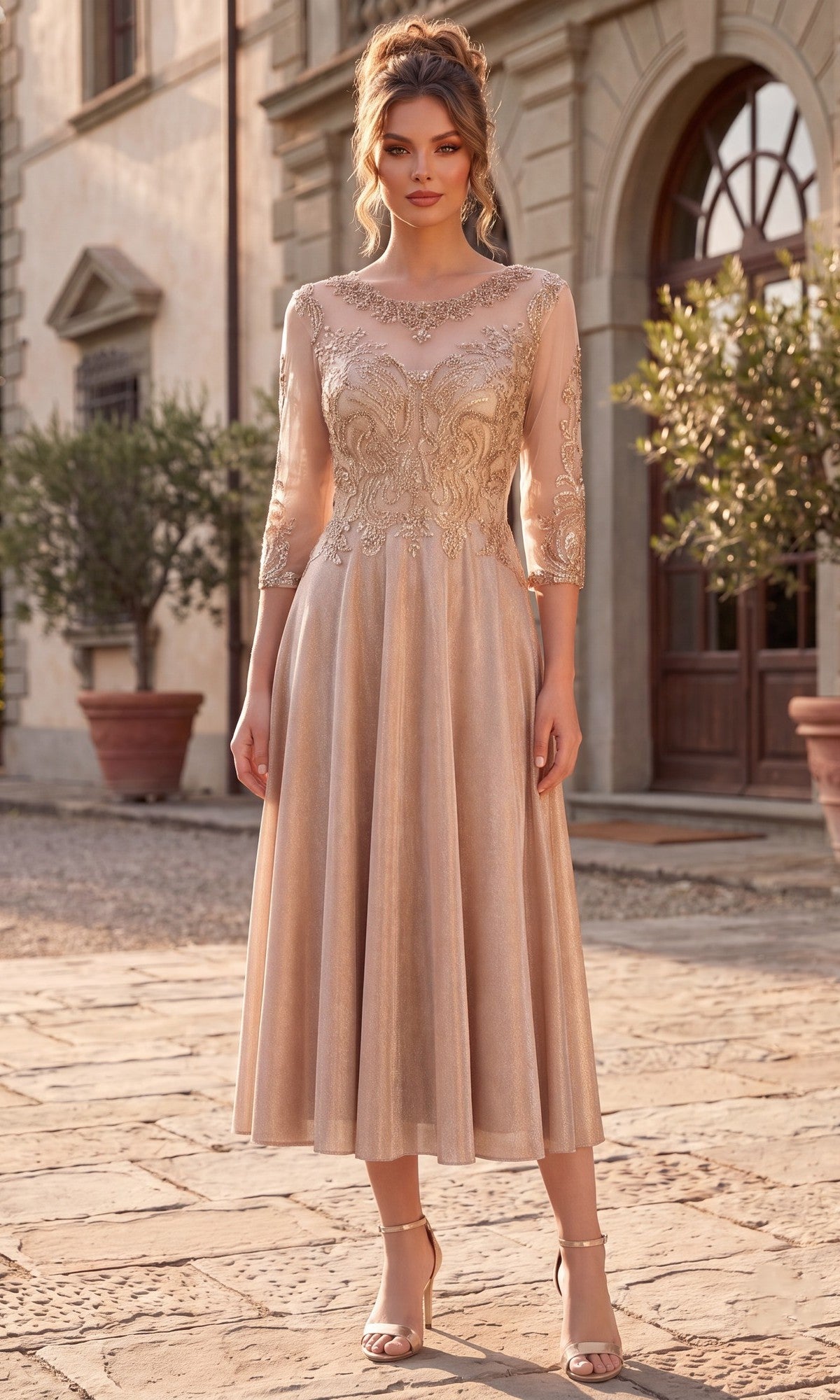 A woman stands outdoors in front of a building, wearing the Midi Wedding Guest Dress: Chicas J040 in champagne, which features sparkly lace details, sheer sleeves, and open-toe heels.
