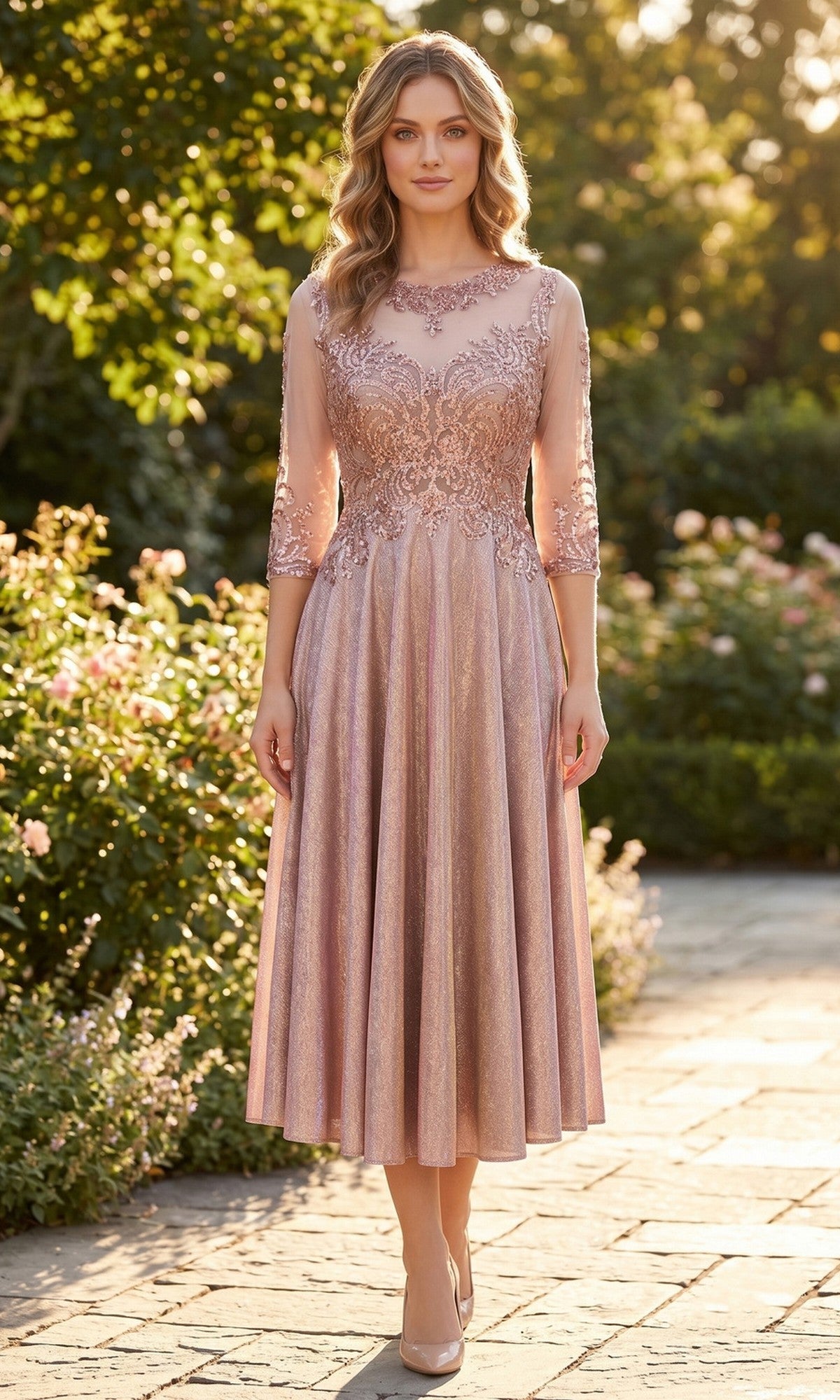 A woman wearing the Midi Wedding Guest Dress: Chicas J040 stands outdoors on a sunlit stone path, surrounded by greenery and flowers in the background. The rose gold hue and sparkling details of her knee-length dress evoke elegance, making it the perfect choice for celebrating special occasions in style.