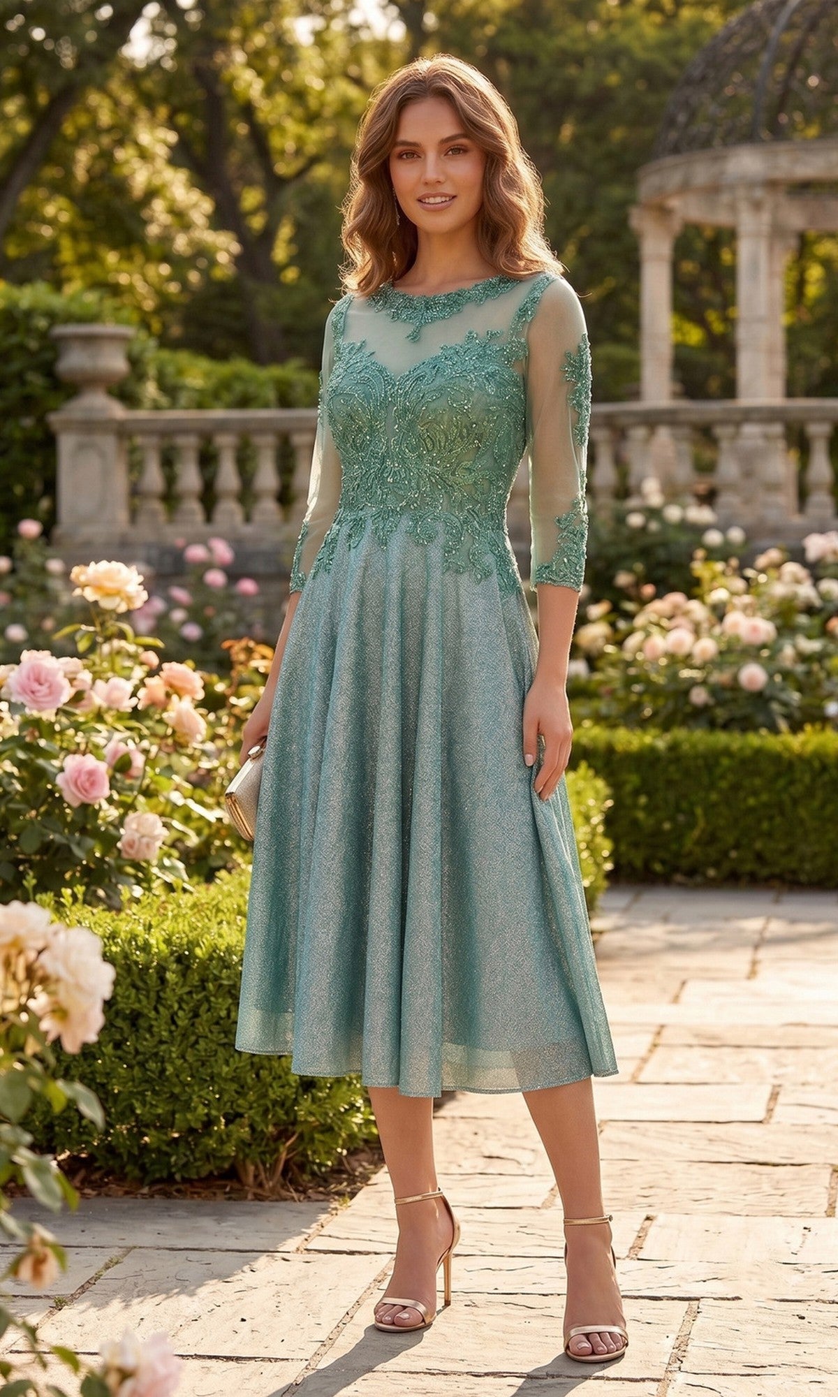 A woman wearing the Chicas J040 midi wedding guest dress in sage, featuring elegant lace details and sheer sleeves, stands on a garden path surrounded by flowers and greenery.