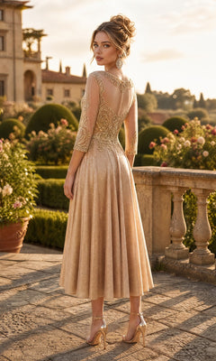 A woman wearing the Chicas J040 Midi Wedding Guest Dress, featuring sparkly fabric, sheer sleeves, and intricate embroidery, stands outdoors near a stone railing and a garden at sunset.