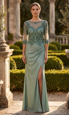 A woman wearing the Chicas J046 Long Prom Dress in sage, featuring gold embroidery, sheer sleeves, and a thigh-high slit, stands in a formal garden.