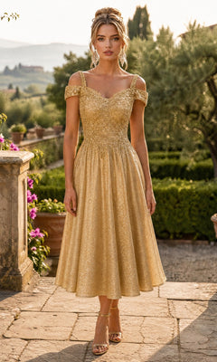 A woman stands outdoors in front of a garden and trees, wearing the Midi Wedding Guest Dress: Chicas J049 in champagne—a gold, off-the-shoulder, knee-length dress featuring an embroidered bodice and flared A-line skirt—paired with strappy heels.
