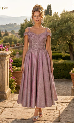 A woman in the Midi Wedding Guest Dress: Chicas J049, featuring a rose gold shimmering off-shoulder design and an elegantly embroidered bodice, stands outdoors on a stone path surrounded by lush greenery and flowers.