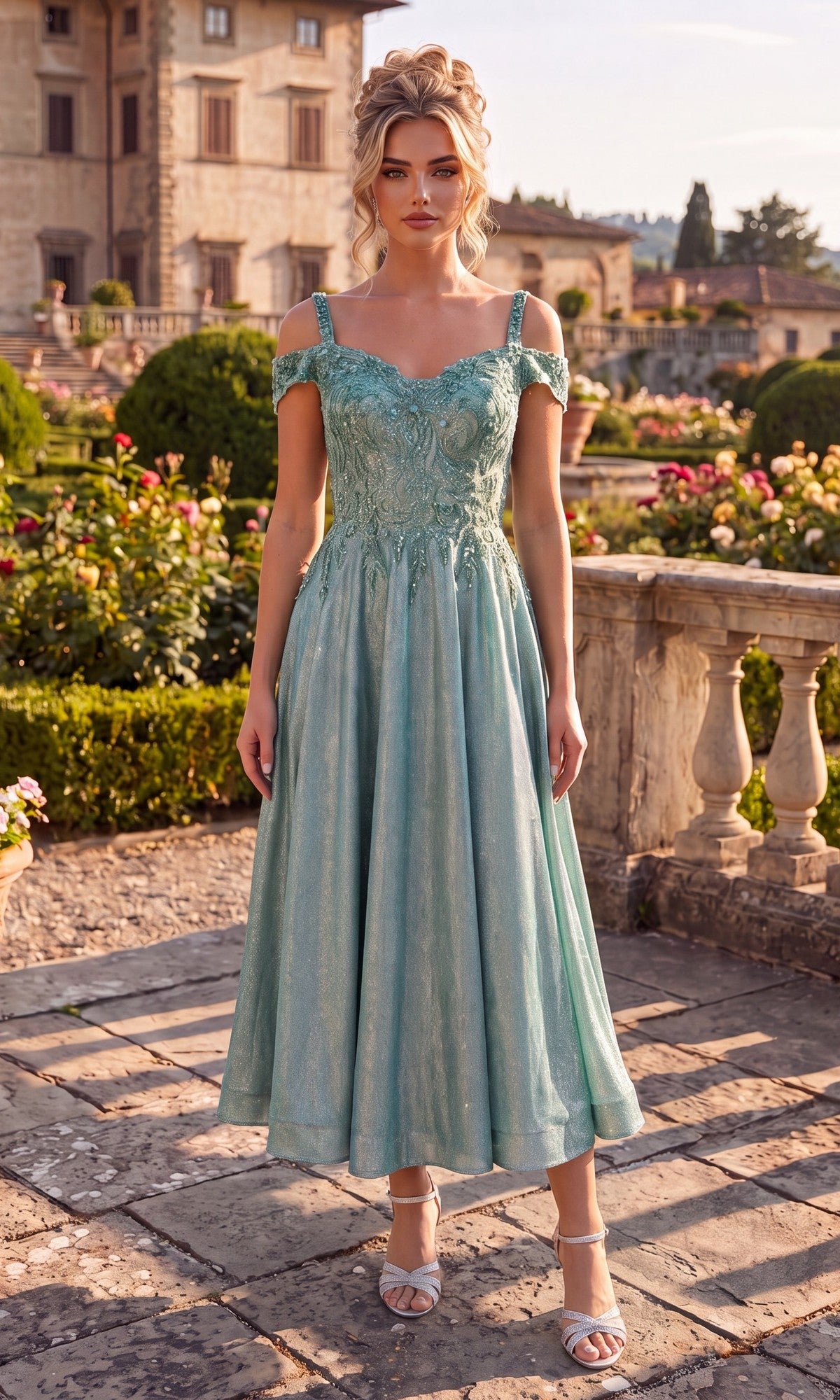 A woman wearing the Midi Wedding Guest Dress: Chicas J049 in sage, featuring a light sage off-shoulder lace midi silhouette with an elegant embroidered bodice, stands outdoors in a formal garden framed by stone railings and a historic building in the background.