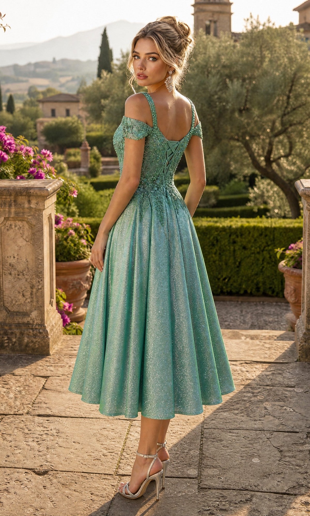 A woman wearing the Midi Wedding Guest Dress: Chicas J049—a sparkly teal off-shoulder dress featuring an embroidered bodice and a flowing A-line skirt—stands on a stone path in a formal garden, glancing over her shoulder.