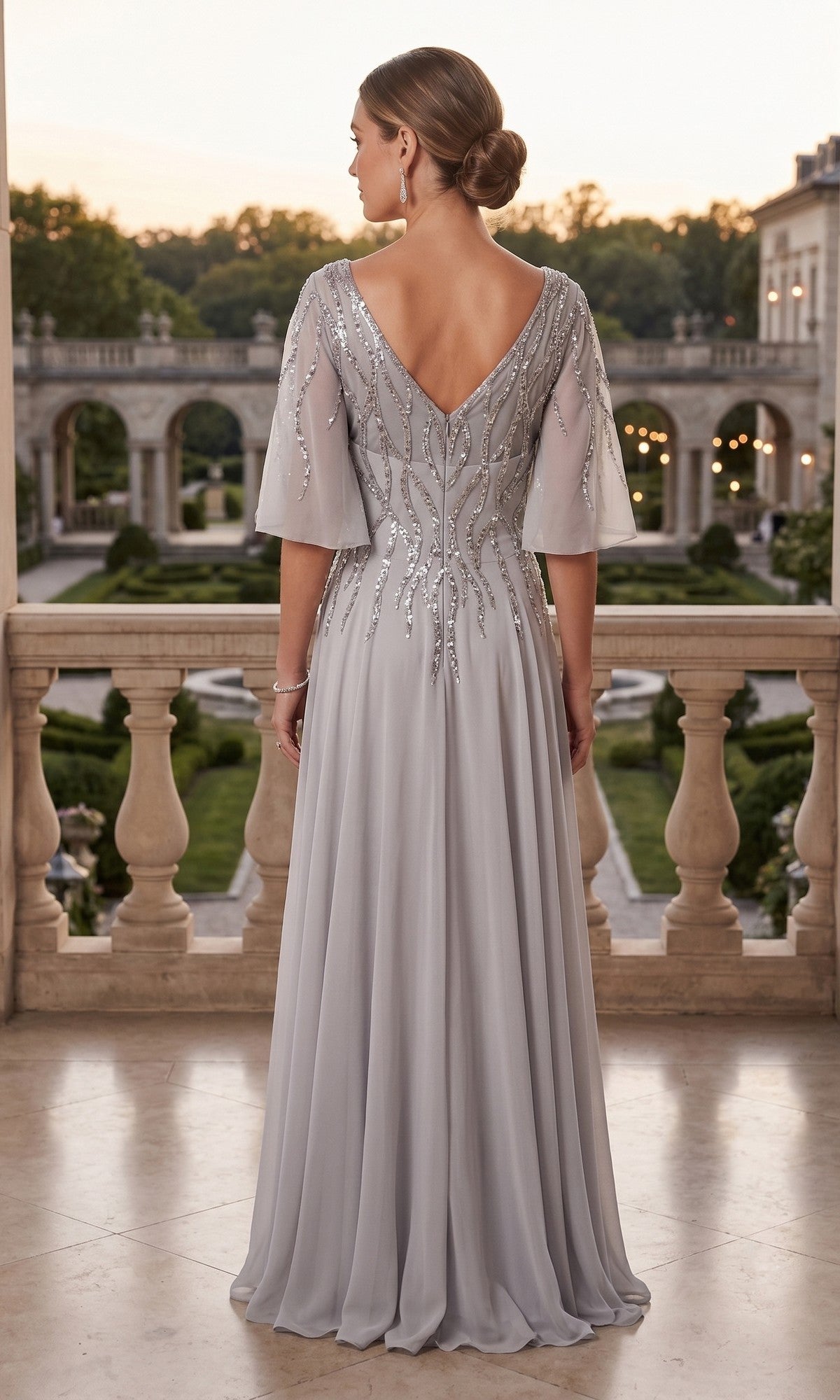 A woman in the Long Prom Dress: Chicas J064—a light gray, floor-length chiffon A-line gown with sheer sleeves and silver embellishments—stands on a balcony facing away, overlooking a formal garden.