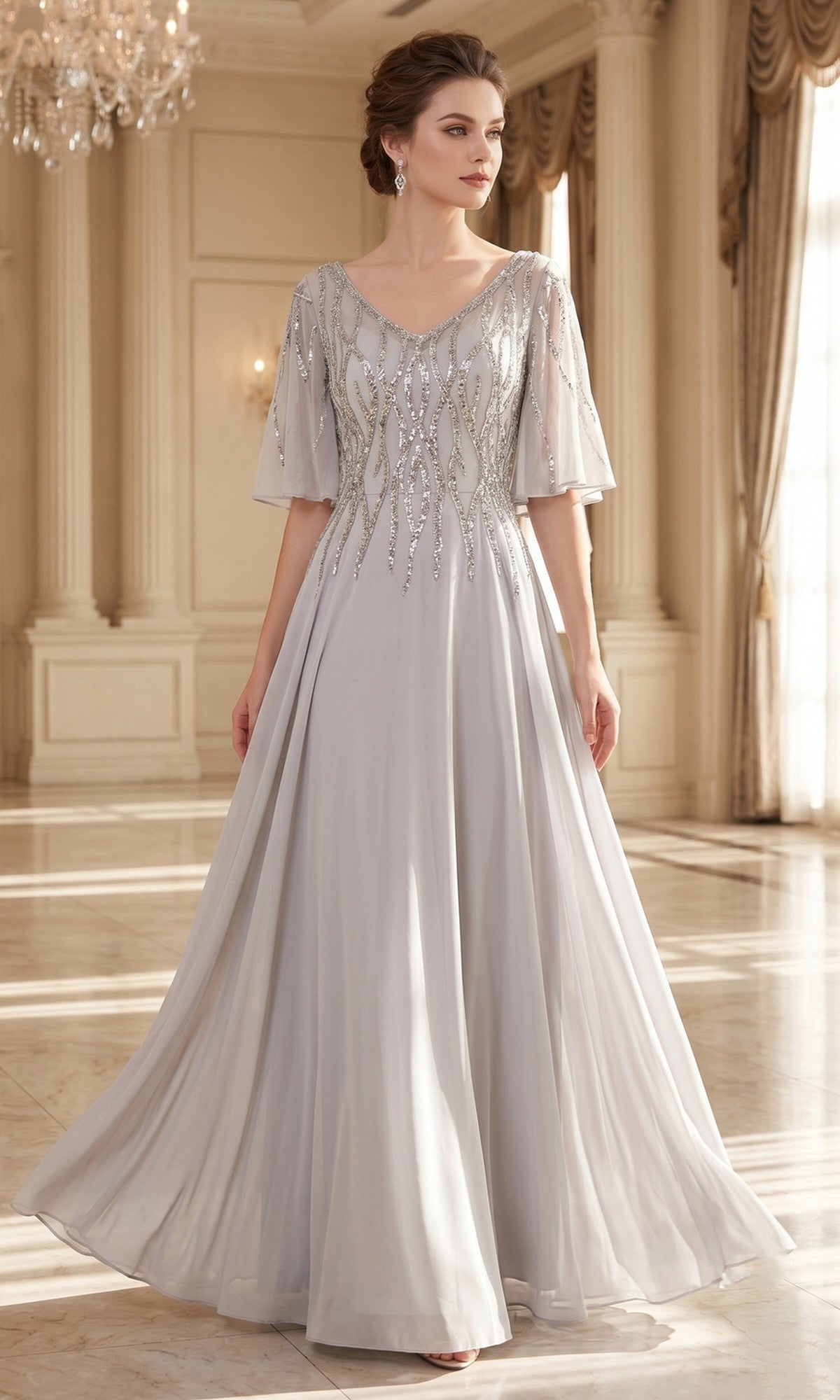 A woman in a silver, floor-length Long Prom Dress: Chicas J064 with beaded details stands in an elegant room featuring tall windows and chandeliers.