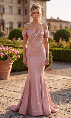 A woman wearing the Chicas J066 Long Prom Dress in rose, featuring a fitted off-shoulder silhouette with floral embroidery and an elegant lace-up back, stands on a stone path in a formal garden adorned with flowers, with a grand building in the background.