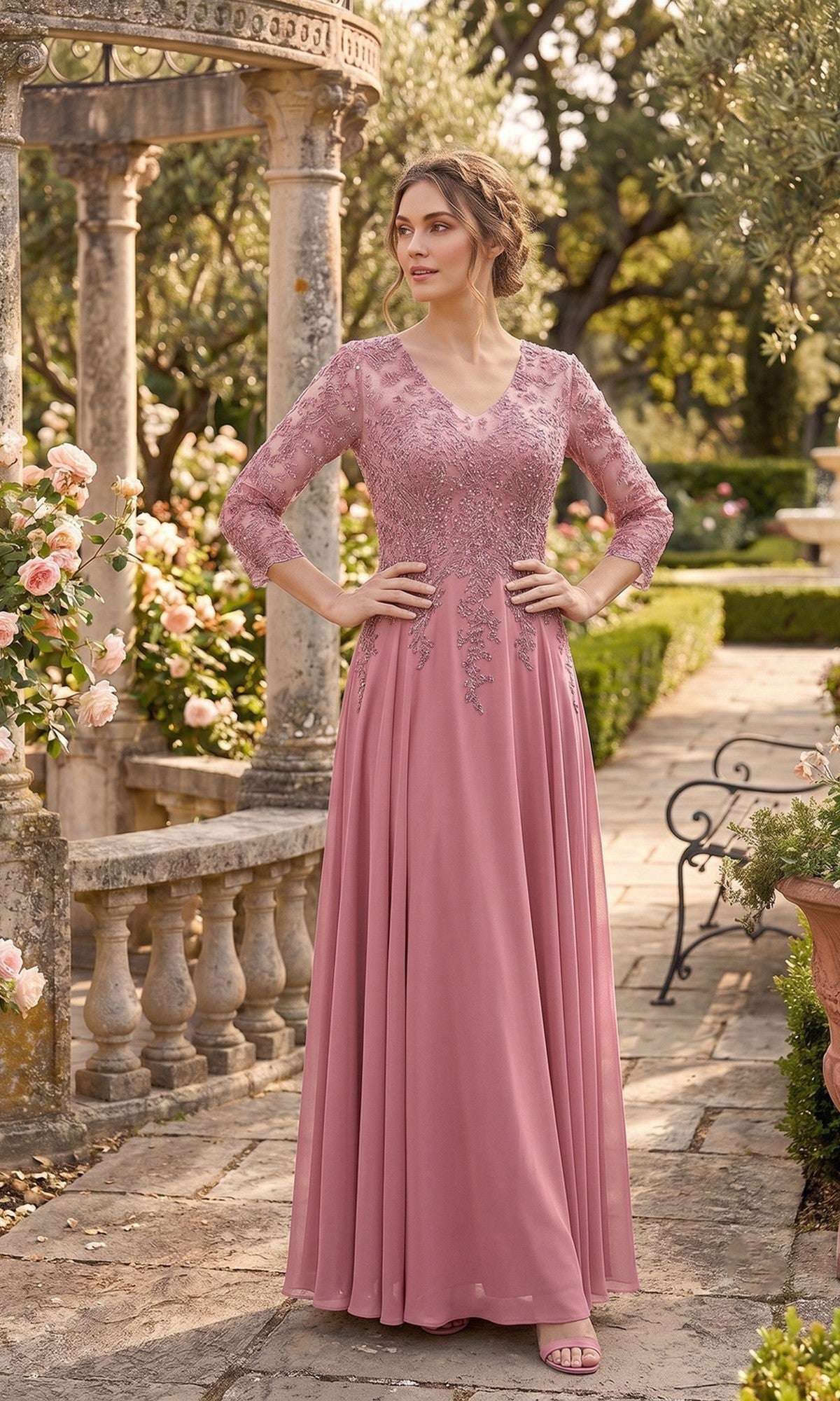 A woman stands on a stone path in a garden with blooming roses and stone columns in the background, wearing the Long Prom Dress: Chicas J070 in Rose.