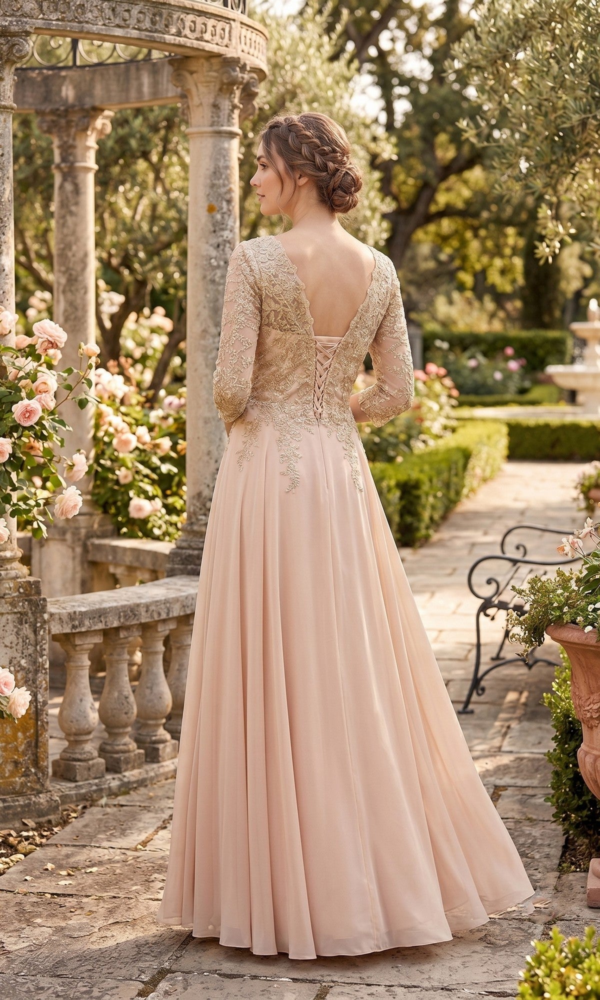 A woman wearing the Long Prom Dress: Chicas J070—a blush pink lace gown—stands in a garden with stone columns, roses, and lush greenery, her back to the camera. The dress’s elegant silhouette captures the timeless grace of a mother of the bride amidst this romantic setting.