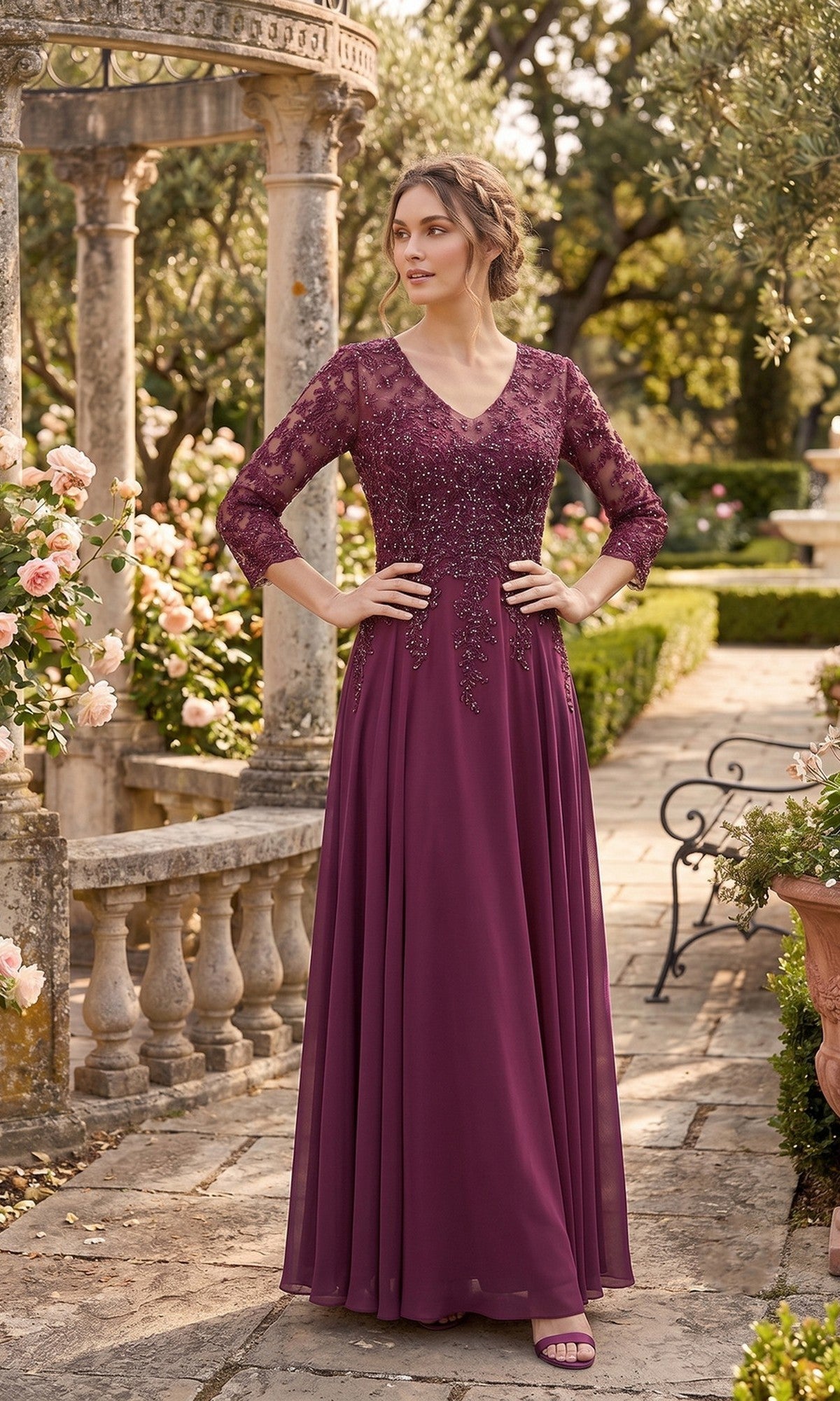 A woman wearing the Long Prom Dress: Chicas J070, a plum beaded chiffon evening gown with lace sleeves, stands in a garden surrounded by stone columns, blooming roses, and lush greenery.