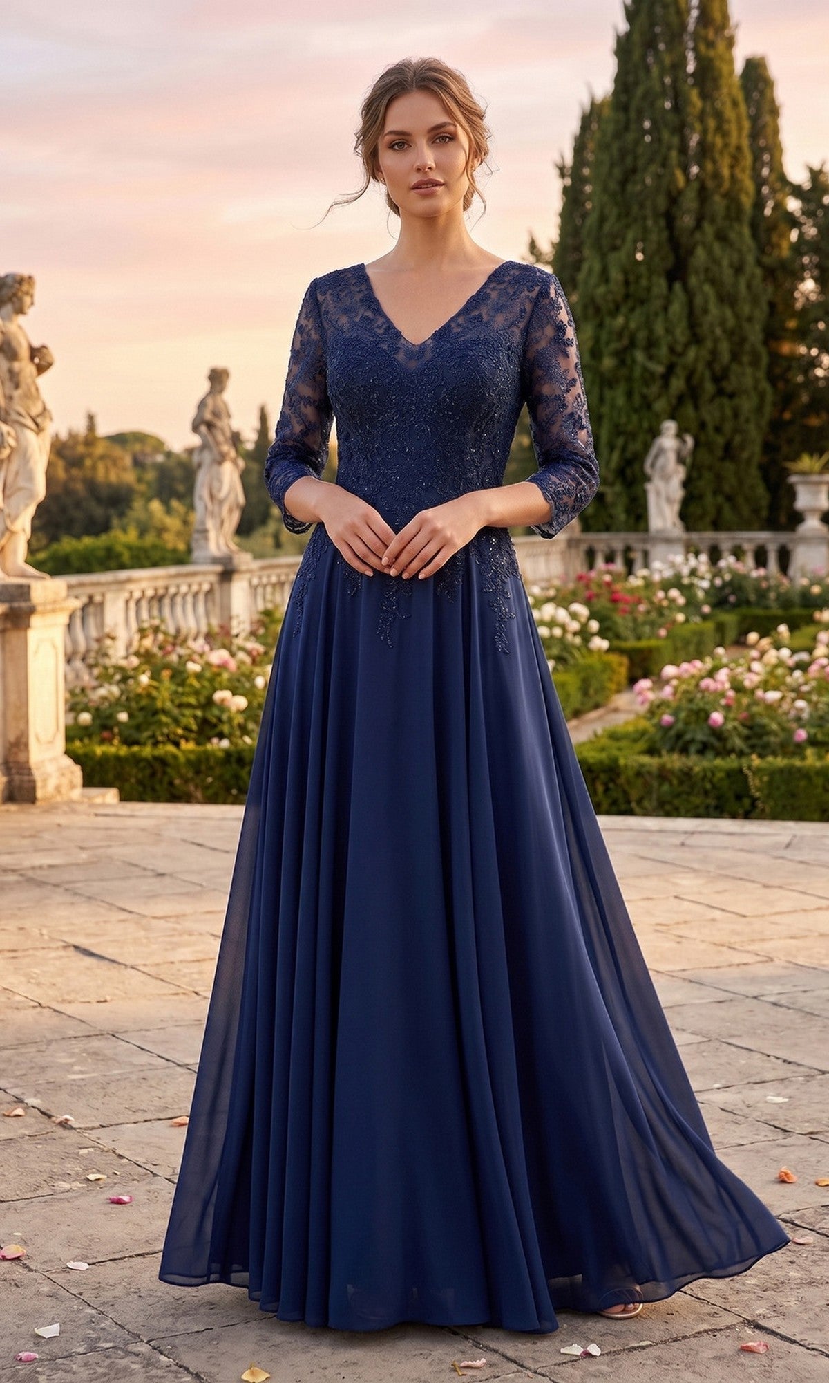 A woman stands outdoors on a stone terrace surrounded by gardens and statues, wearing the Chicas J070 long prom dress in navy chiffon with lace sleeves.