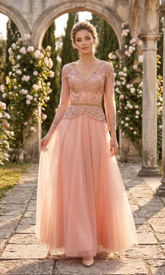 Wearing the Chicas J082 Long Prom Dress in rose, a woman stands on a stone path in a garden surrounded by blooming roses and elegant stone arches—the perfect formal look for the mother of the bride.