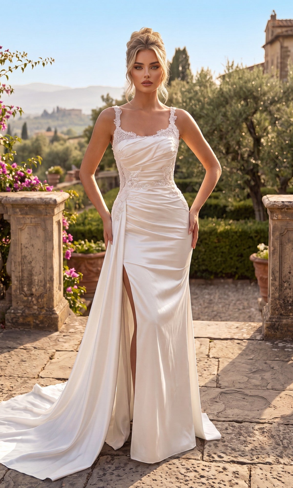 An elegant woman stands outdoors on a stone terrace surrounded by greenery and flowers, wearing the Chicas J092 Long Prom Dress in off white—a satin gown with lace straps, beautiful floral embroidery, and a stylish thigh-high leg slit.