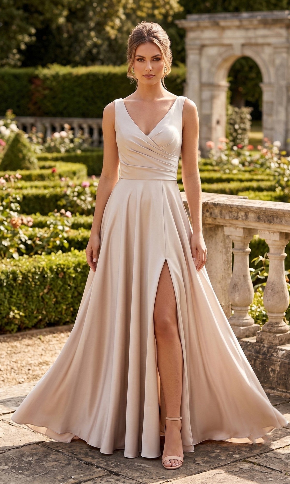 A woman in the Chicas J112 long prom dress in champagne, featuring a sleeveless design and a thigh-high slit, stands outdoors in a formal garden with hedges and stone arches.
