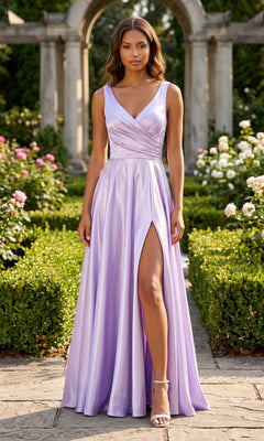 A woman stands in a garden with stone arches and blooming flowers, wearing the Long Prom Dress: Chicas J112 in lilac—a sleeveless satin gown featuring a high slit.