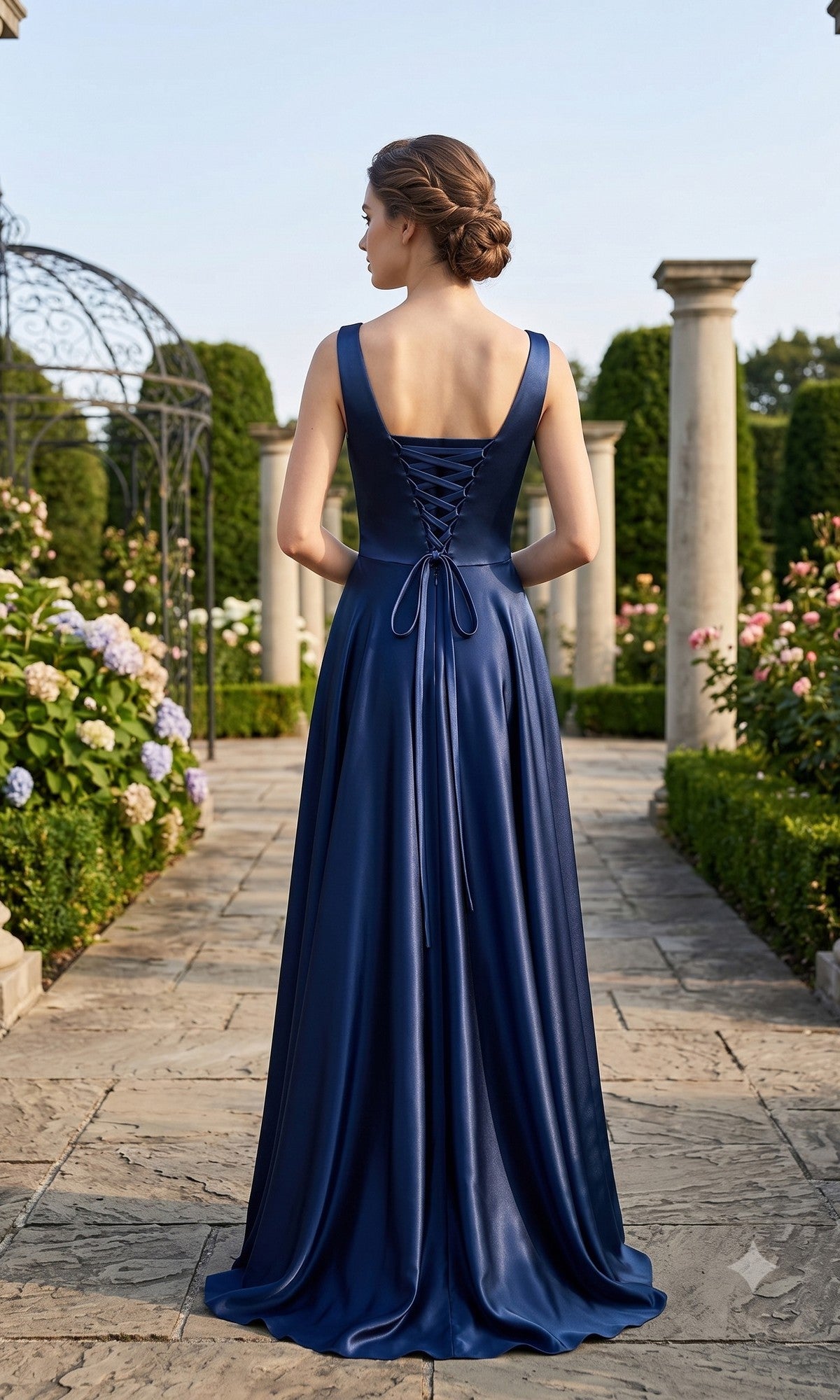 A woman stands on a stone path in a formal garden, facing away, wearing the Chicas J112 long prom dress—dark blue satin with a lace-up back.