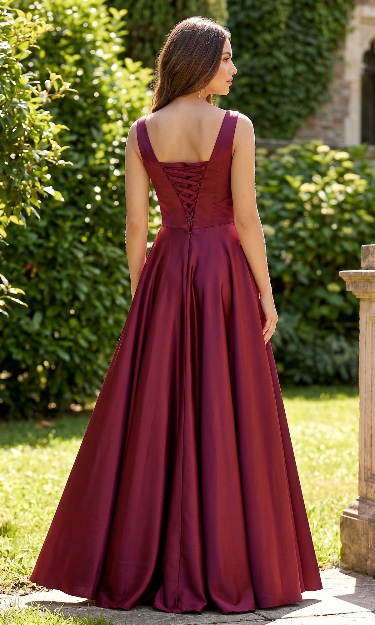 A woman stands outdoors in a garden, wearing the Chicas J112 long prom dress—a sleeveless, floor-length burgundy satin gown featuring a lace-up back.
