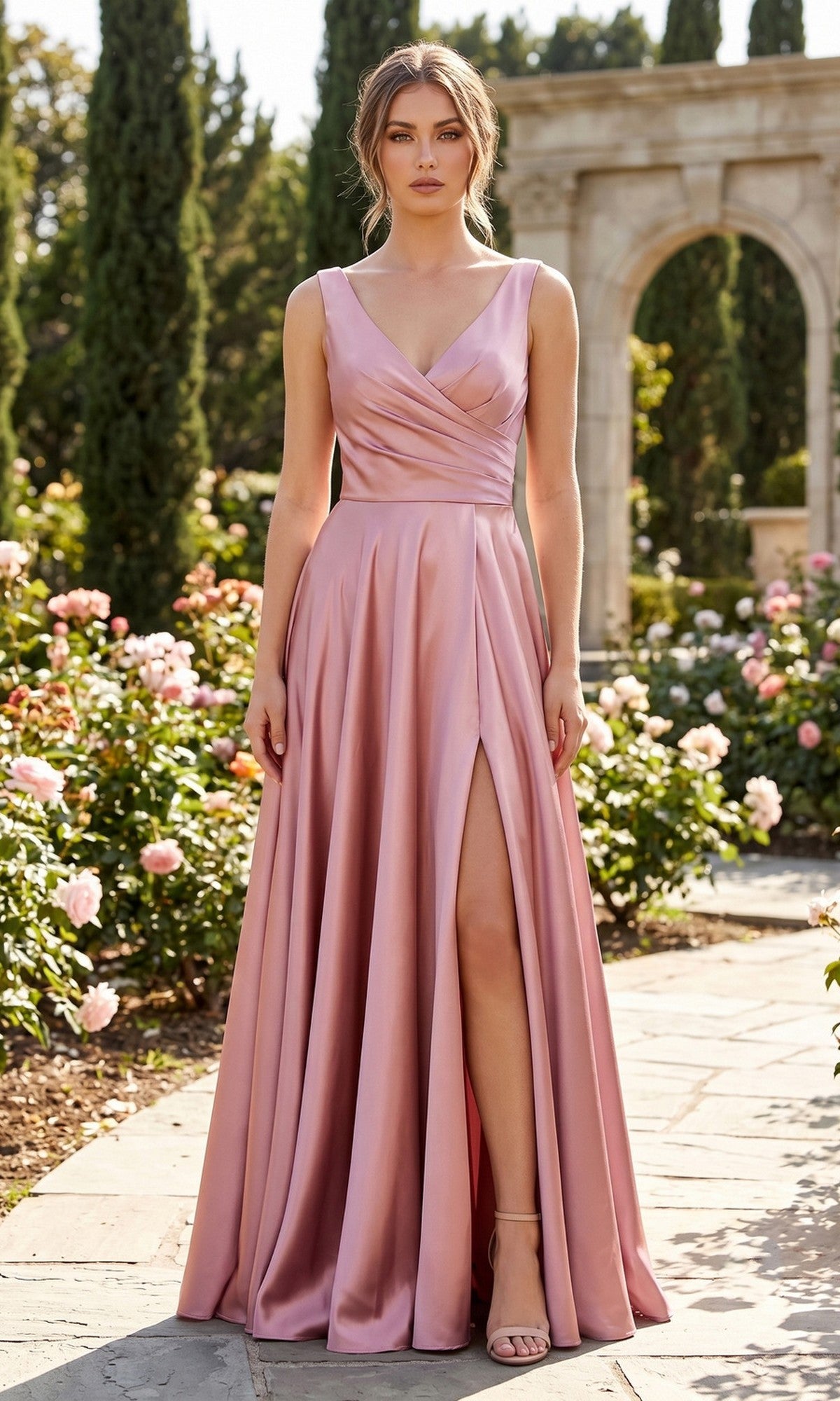 A woman wearing the Chicas J112 Long Prom Dress in rose, featuring a sleeveless v-neckline and a floor-length satin skirt with a thigh-high slit, stands in a garden of pink roses beside elegant stone arches.