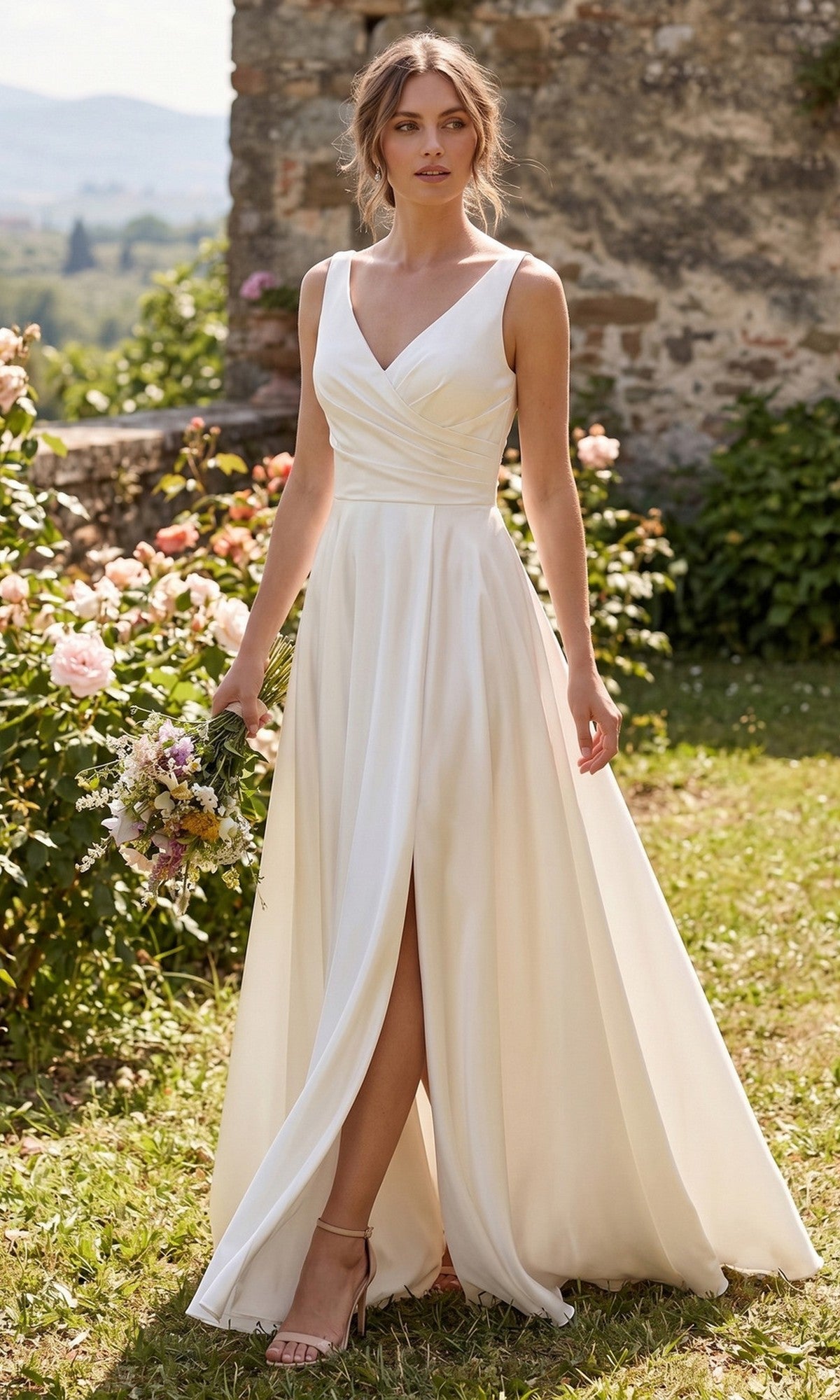 A woman in the Chicas J112 Long Prom Dress, featuring a sleeveless v-neckline and a slit, stands outdoors near a stone wall and flowers, holding a bouquet.
