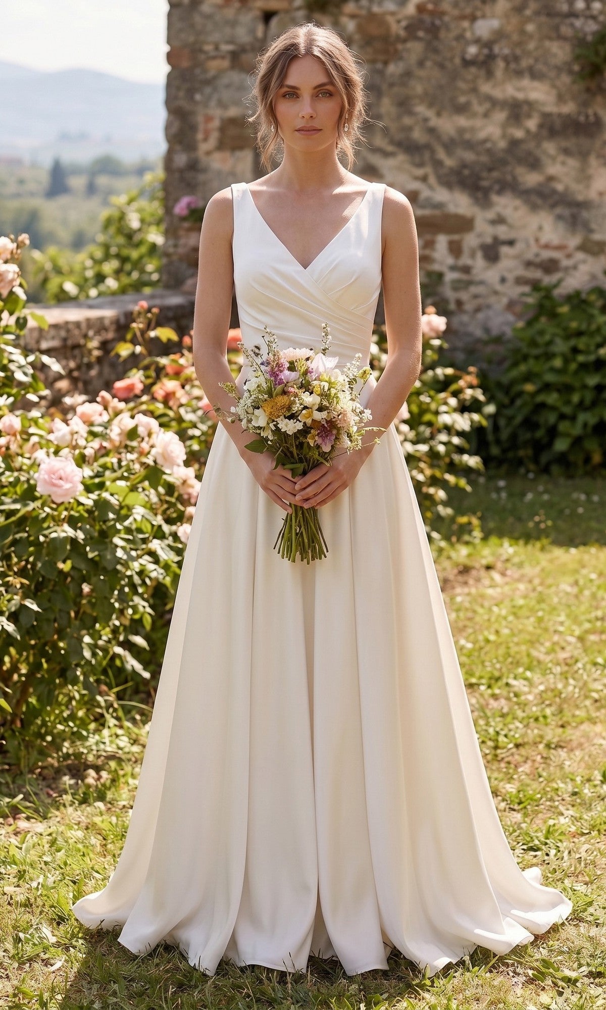 An elegant woman stands outdoors near a stone wall and blooming garden, holding a bouquet of flowers and wearing the Long Prom Dress: Chicas J112 in off white, featuring a sleeveless design with a v-neckline.
