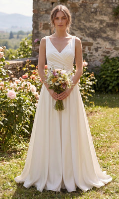 An elegant woman stands outdoors near a stone wall and blooming garden, holding a bouquet of flowers and wearing the Long Prom Dress: Chicas J112 in off white, featuring a sleeveless design with a v-neckline.