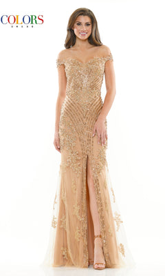 A woman models the Colors Dress J131 Off-Shoulder Beaded Prom Dress, featuring gold embroidery and a sheer front-slit overlay, against a white background. The Colors Dress logo appears in the top left corner.