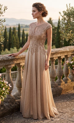 A woman in an elegant Long Prom Dress: Chicas J132 in champagne, featuring an embellished bodice and intricate embroidery, stands on a stone terrace overlooking a scenic landscape.