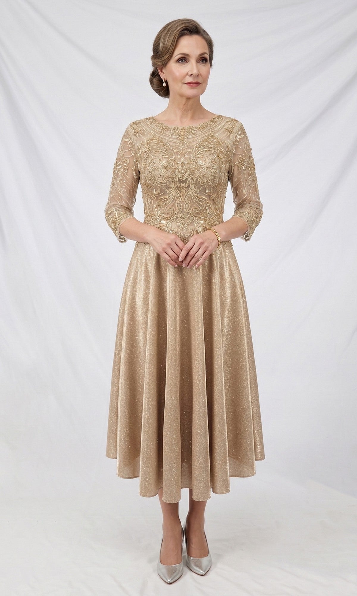 Modest Midi Glitter Wedding Guest Dress with Sleeves – PromGirl