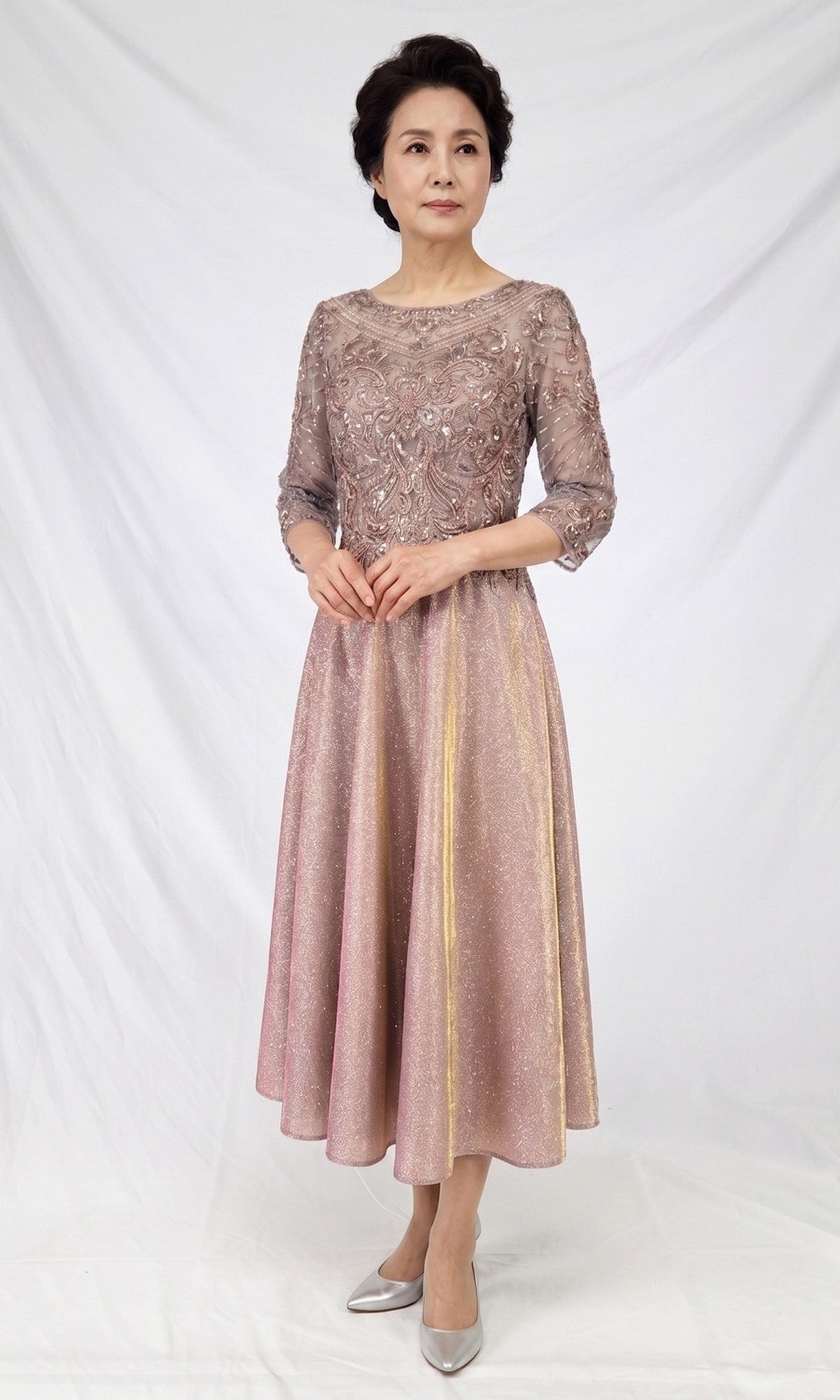 Modest Midi Glitter Wedding Guest Dress with Sleeves Rose Gold / Large