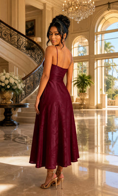 A woman wearing the Dear Moon J771626 Tea Length Formal Dress stands in an elegant, sunlit foyer with marble floors and a curved staircase.