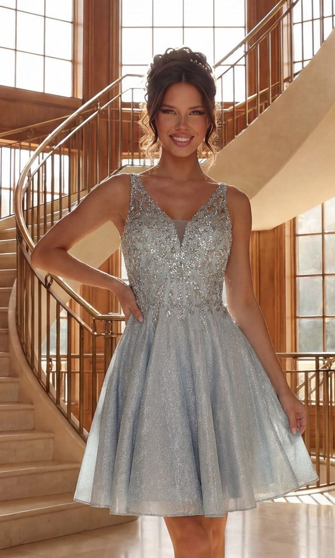 A woman in the sky blue Beaded-Bodice Short Glitter Homecoming Dress J009 stands smiling before a curved staircase and large windows.