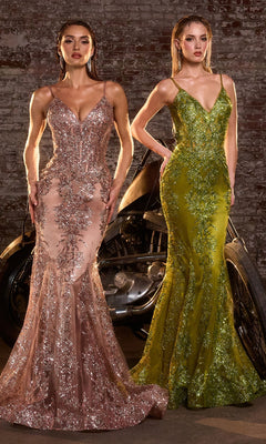 Two women stand indoors by a motorcycle, both in fitted, floor-length gowns with intricate beadwork and thin straps; one wears the Glitter-Print Long V-Neck Mermaid Prom Dress J810A in mocha gold, the other wears a green corset-style gown.