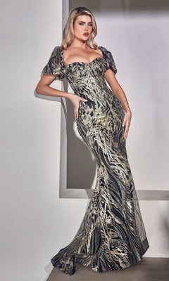 A woman in the Glitter-Print Puff-Sleeve Long Prom Dress J833, featuring black and gold glitter and a striking mermaid silhouette.