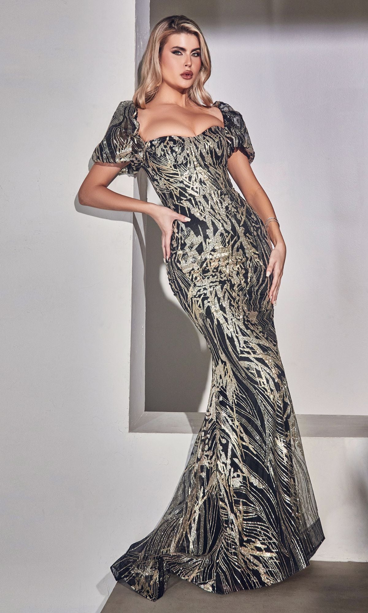 Glitter-Print Puff-Sleeve Long Prom Dress J833