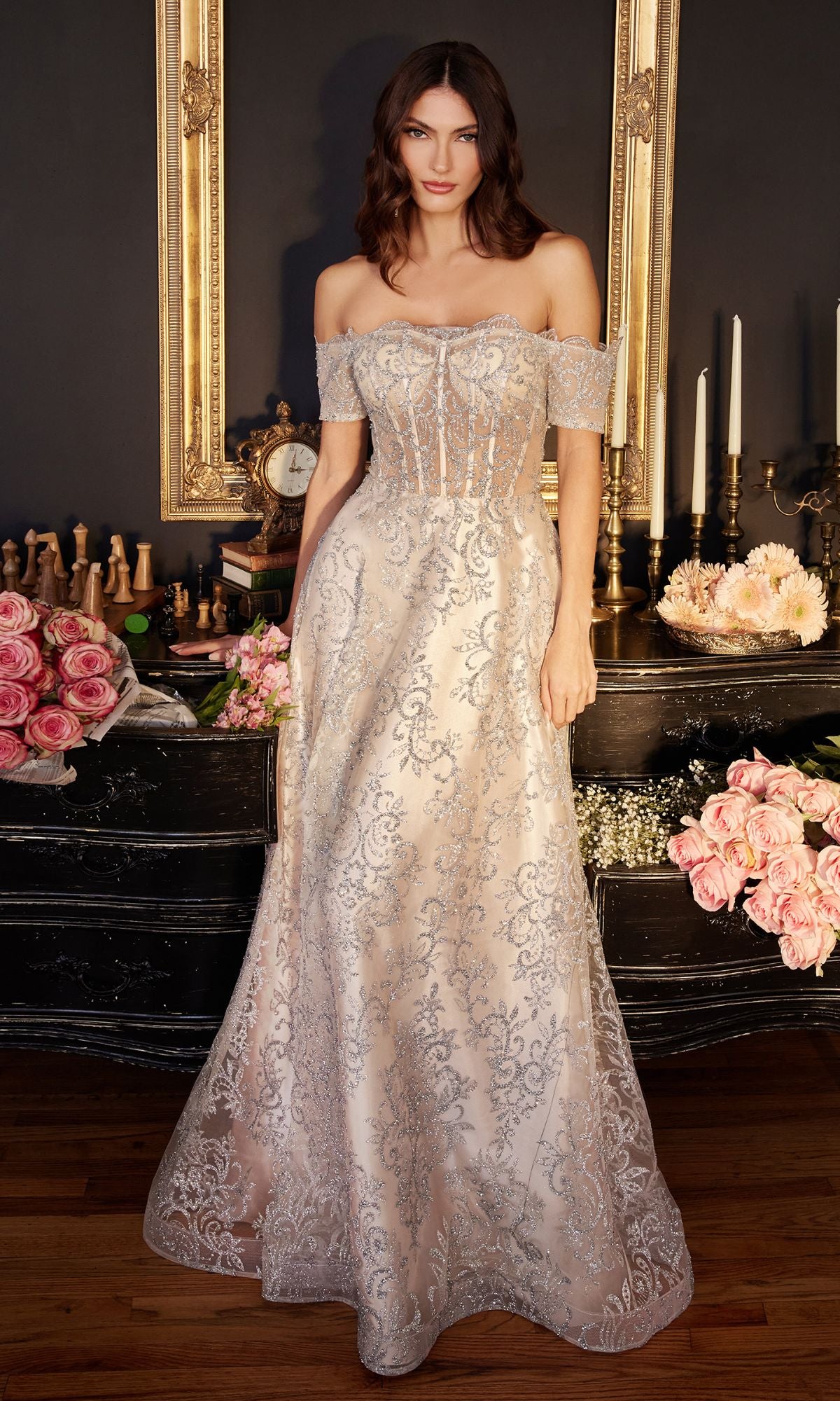 Off-Shoulder Long Glitter-Print Prom Dress - PromGirl Platinum / 8 Off-Shoulder Long Glitter-Print Prom Dress - PromGirl Platinum / 8
