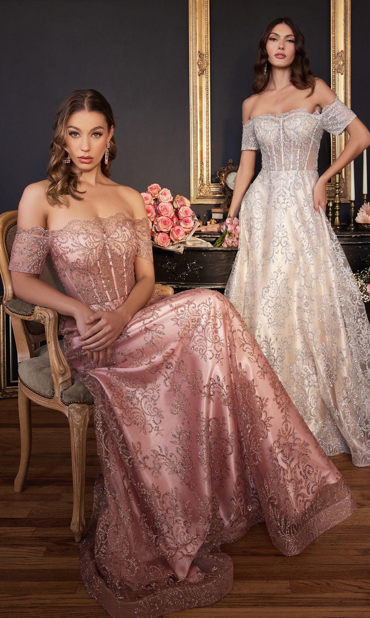 Off-Shoulder Long Glitter-Print Prom Dress - PromGirl Rose Gold / 6 Off-Shoulder Long Glitter-Print Prom Dress - PromGirl Rose Gold / 6