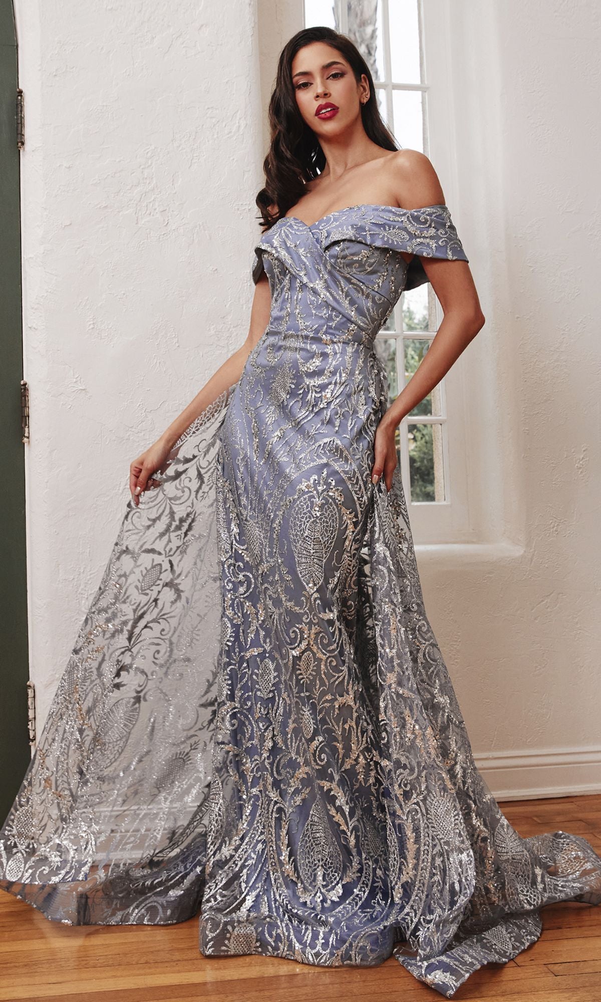 Off-Shoulder Long Glitter-Print Prom Gown
