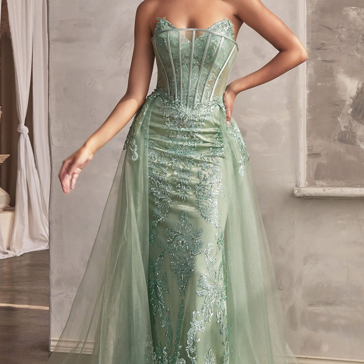 Glitter Silver Illusion Neck Long Train Overskirt Prom Dress