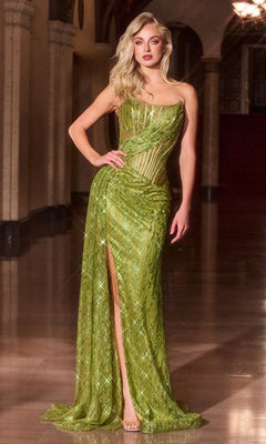 A woman poses indoors on a polished floor, wearing the Ladivine J872 Strapless Long Glitter Prom Dress with a high slit, her hand resting confidently on her hip.