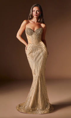 A woman models the Ladivine J903 Strapless Long Beaded Prom Dress in gold, showcasing its form-fitting silhouette and intricate beadwork against a brown background.