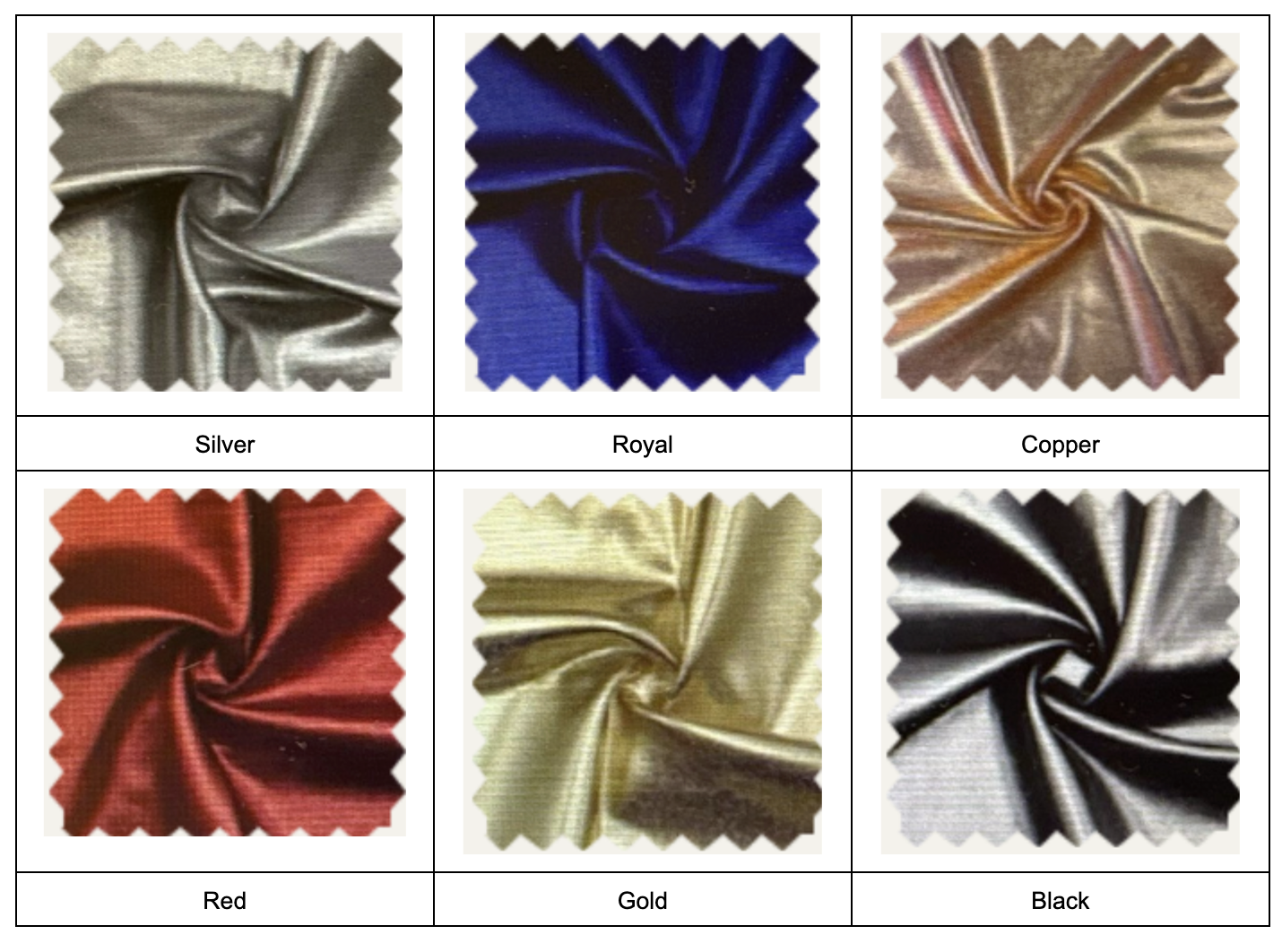 Six fabric swatches—Silver, Royal, Copper, Red, Gold, and Black—feature a twisted, shiny texture ideal for designing the Jessica Angel 2726 Long Prom Dress with a striking metallic finish and glamorous empire waistline.