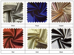 Six fabric swatches—Silver, Royal, Copper, Red, Gold, and Black—feature a twisted, shiny texture ideal for designing the Jessica Angel 2726 Long Prom Dress with a striking metallic finish and glamorous empire waistline.