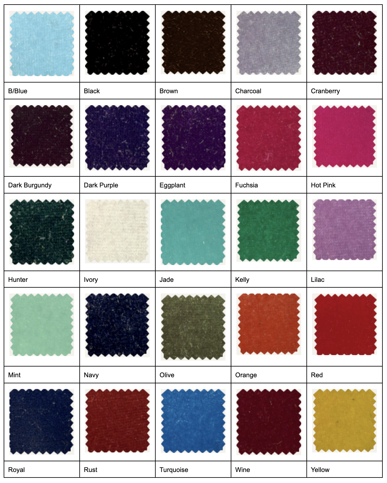A chart displays 24 fabric swatches in various colors, each labeled, arranged in a 4x6 grid—perfect for choosing the ideal shade for your Long Prom Dress: Jessica Angel 2667.