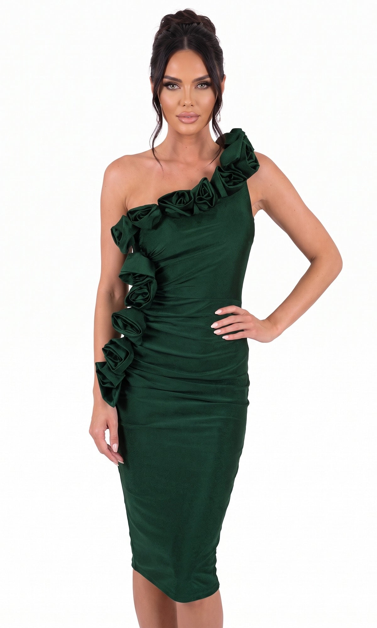 A woman wearing the Jessica Angel JA2505 short homecoming dress in Hunter—a fitted, one-shoulder cocktail dress with ruffle flower details along the neckline and side—stands against a plain white background.