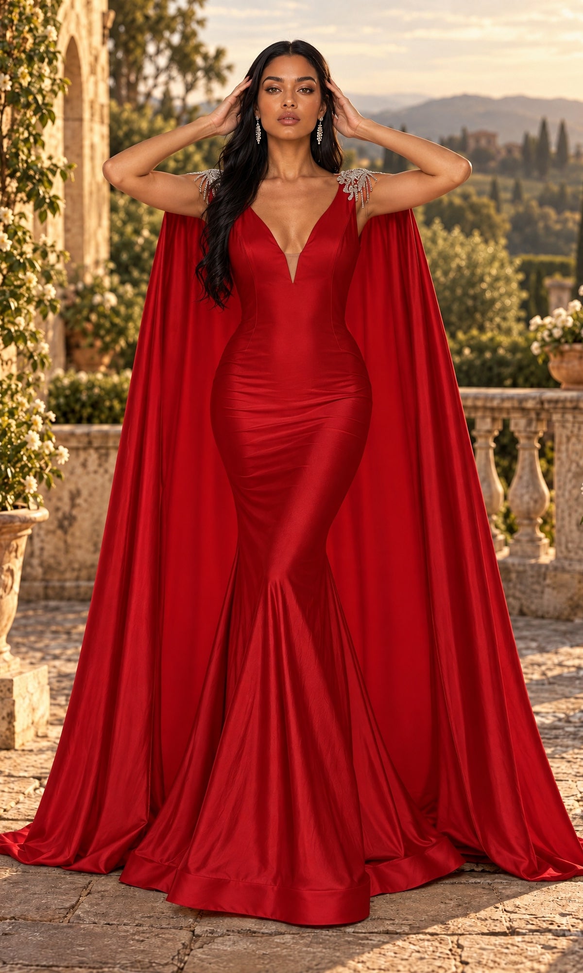 Outdoors, a woman poses in the Jessica Angel JA896 long prom dress—an elegant, floor-length mermaid gown in striking red featuring a deep V-neck and a dramatic matching cape train, with greenery and a stone balustrade in the background.