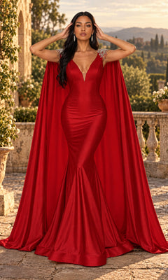 Outdoors, a woman poses in the Jessica Angel JA896 long prom dress—an elegant, floor-length mermaid gown in striking red featuring a deep V-neck and a dramatic matching cape train, with greenery and a stone balustrade in the background.