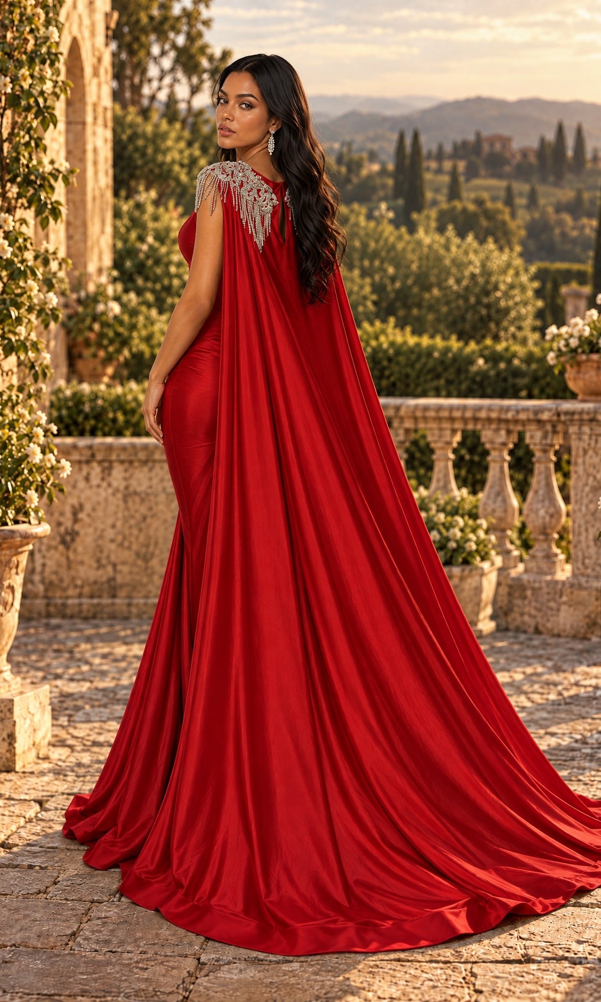 Wearing the Long Prom Dress: Jessica Angel JA896, a woman stands outdoors on a stone terrace. The gown features a long, flowing red cape train and jeweled shoulders. She glances over her shoulder, surrounded by greenery and distant hills in the background.